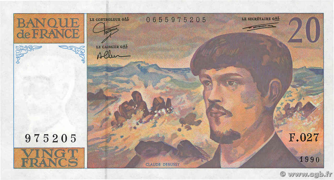 20 Francs DEBUSSY à fil de sécurité FRANCIA  1990 F.66bis.01 q.FDC