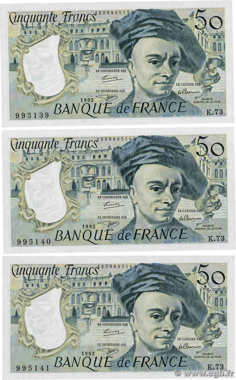 50 Francs QUENTIN DE LA TOUR Consécutifs FRANCE  1992 F.67.18 UNC