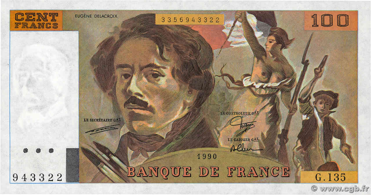 100 Francs DELACROIX imprimé en continu FRANCE  1990 F.69bis.01a NEUF