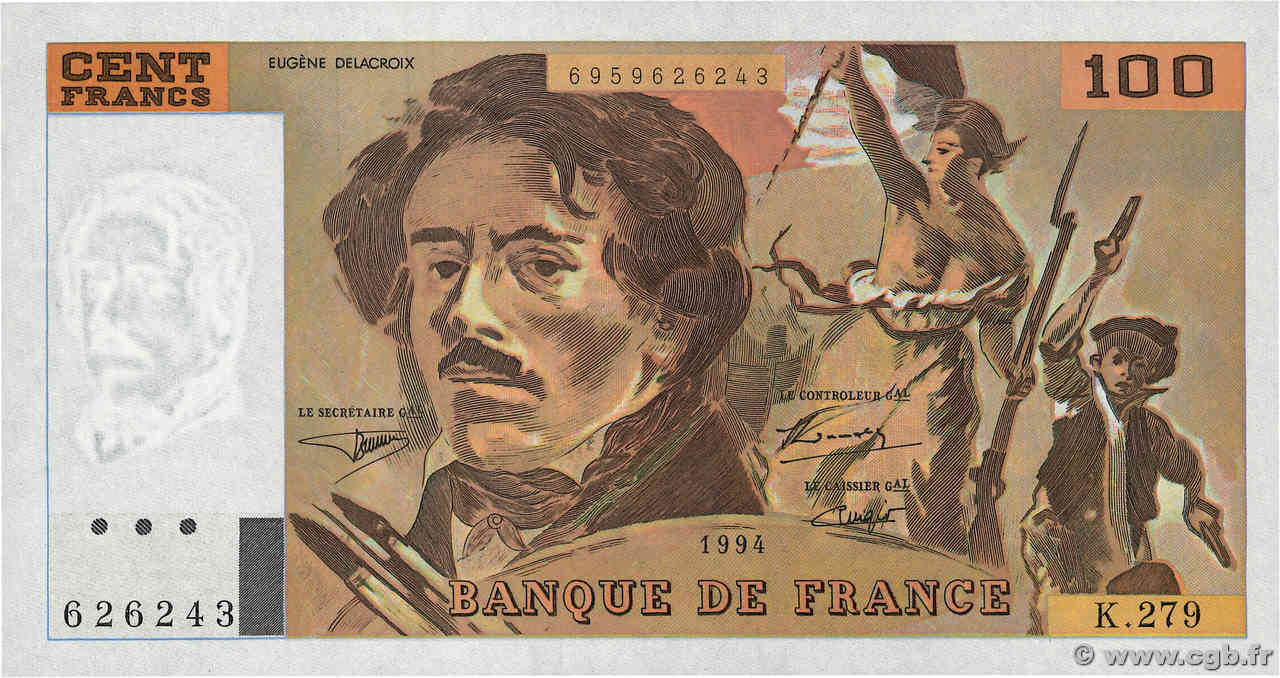 100 Francs DELACROIX 442-1 & 442-2 FRANCIA  1994 F.69ter.01c FDC