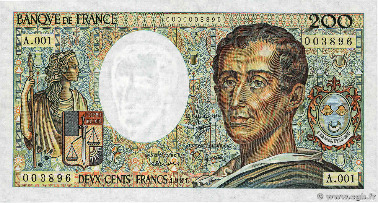 200 Francs MONTESQUIEU Petit numéro FRANCE  1981 F.70.01A1 UNC-