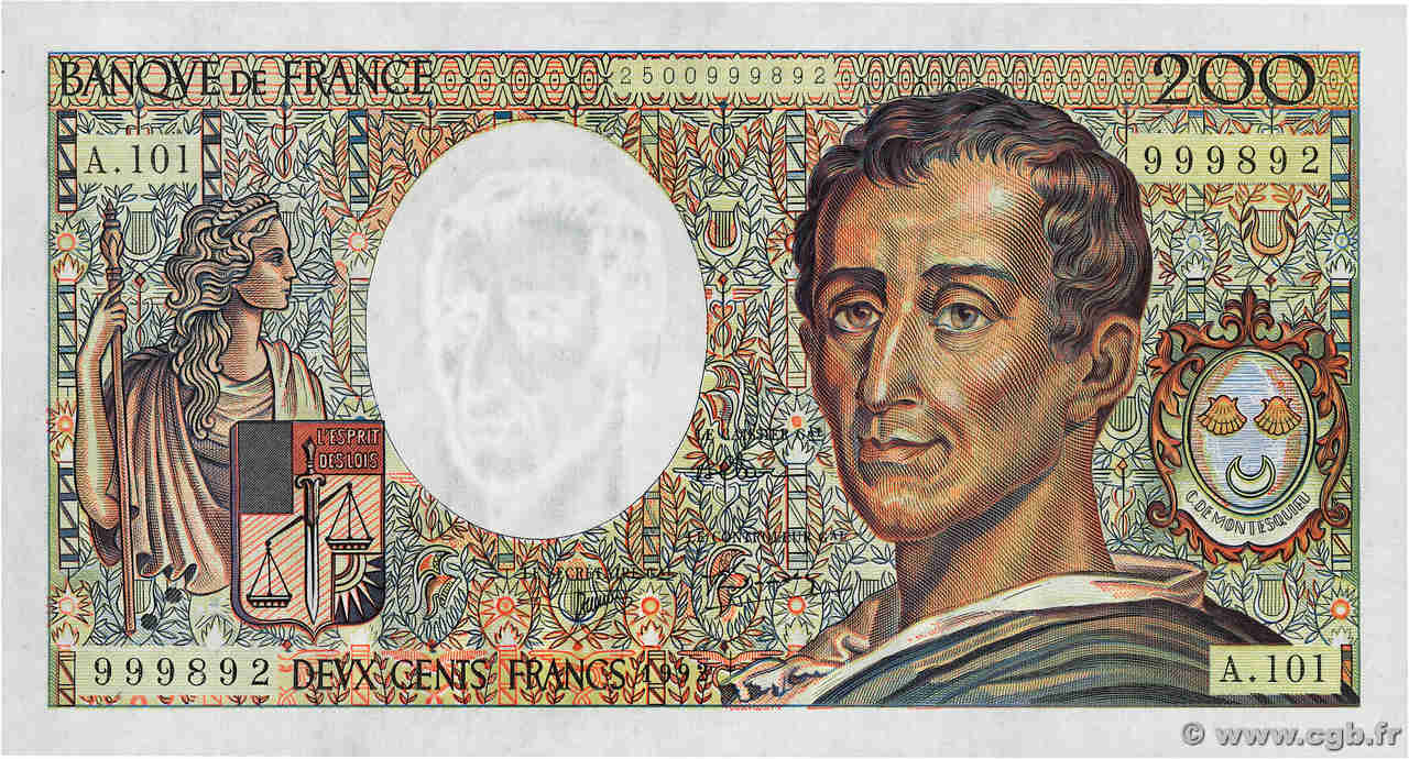 200 Francs MONTESQUIEU alphabet 101 FRANCIA  1992 F.70bis.01 FDC