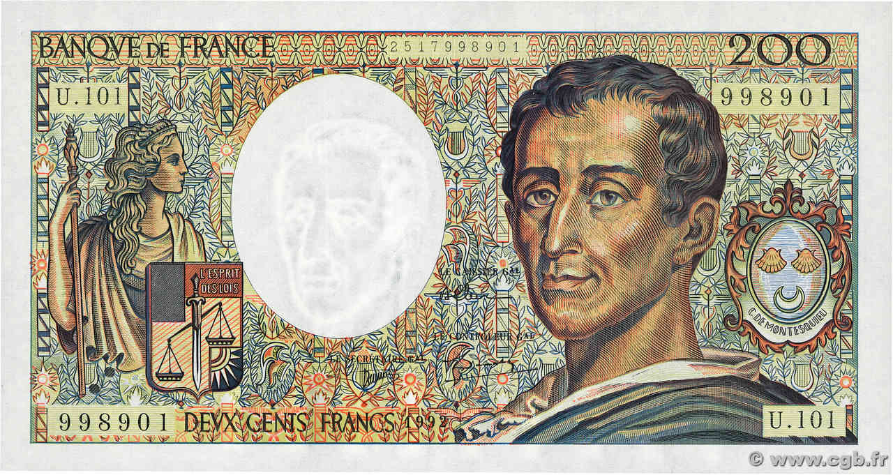 200 Francs MONTESQUIEU alphabet 101 FRANCIA  1992 F.70bis.01 q.FDC