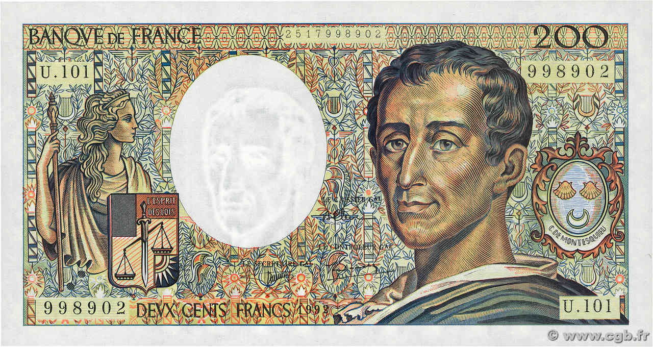 200 Francs MONTESQUIEU alphabet 101 FRANCIA  1992 F.70bis.01 q.FDC