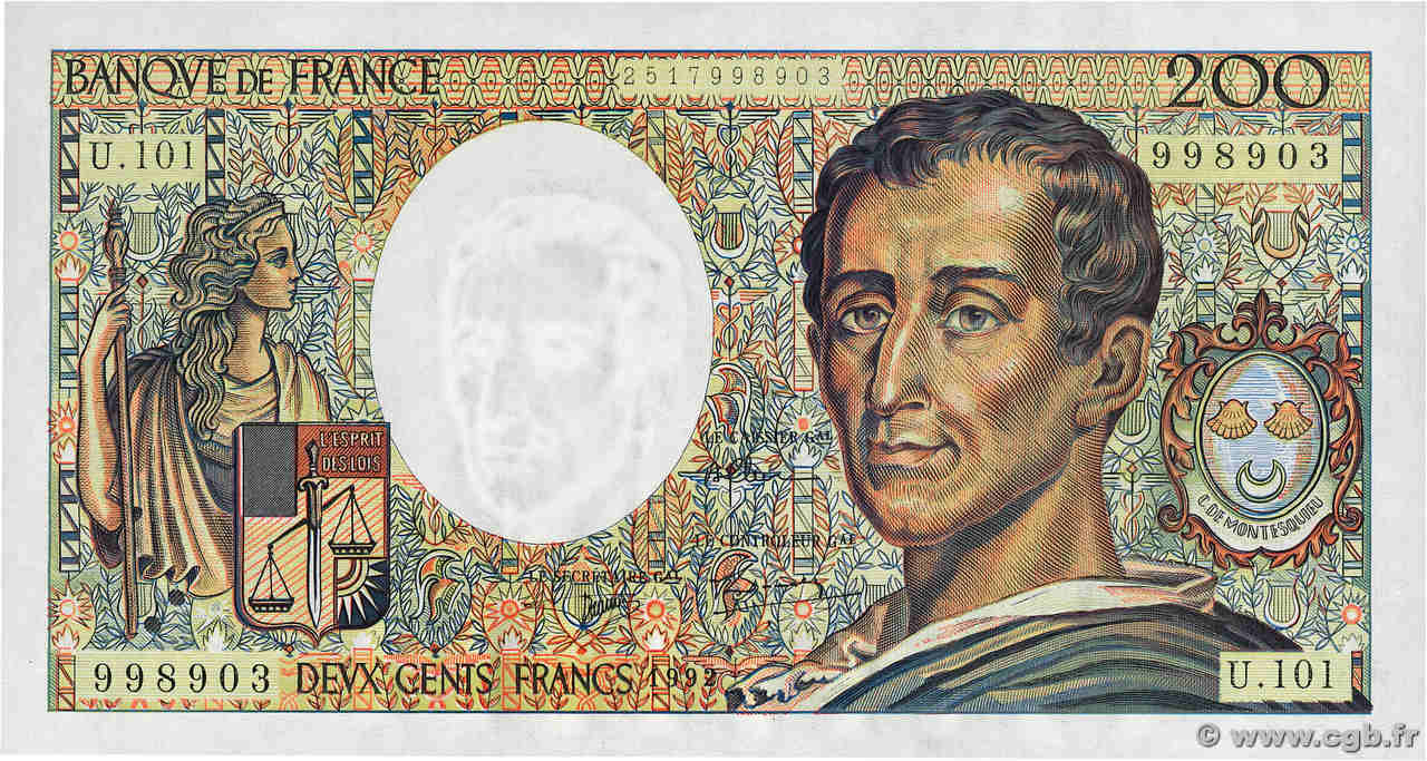 200 Francs MONTESQUIEU alphabet 101 FRANCE  1992 F.70bis.01 pr.NEUF