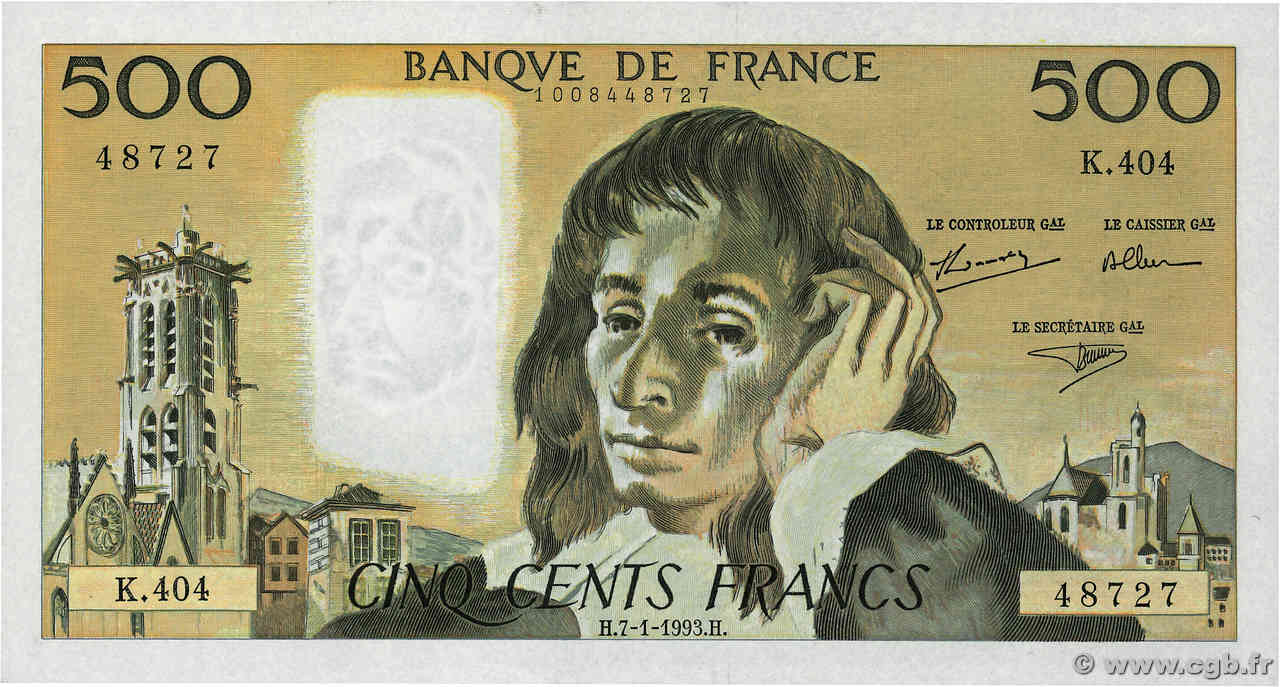 500 Francs PASCAL FRANKREICH  1993 F.71.51 fST+