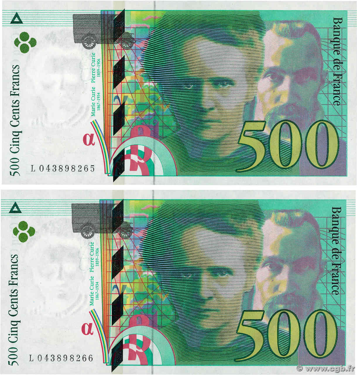 500 Francs PIERRE ET MARIE CURIE Consécutifs FRANCIA  2000 F.76.05 EBC+