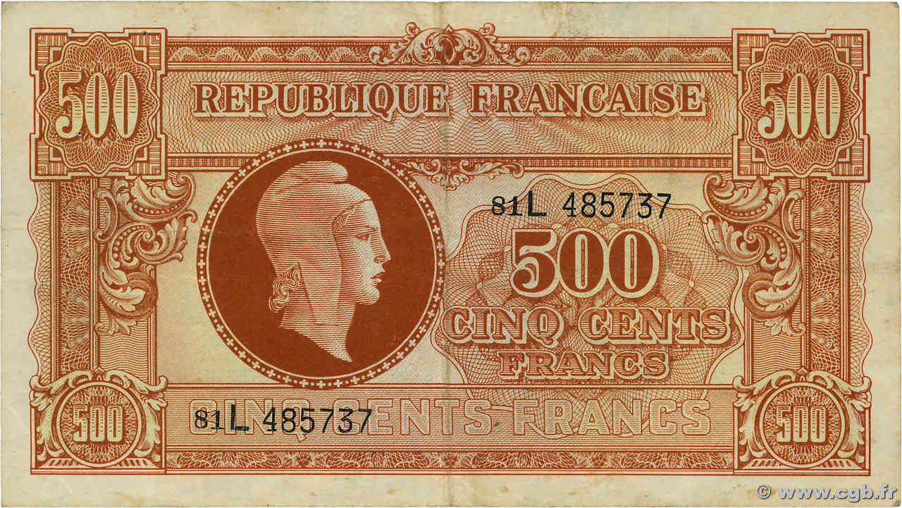 500 Francs MARIANNE fabrication anglaise FRANKREICH  1945 VF.11.01 fSS