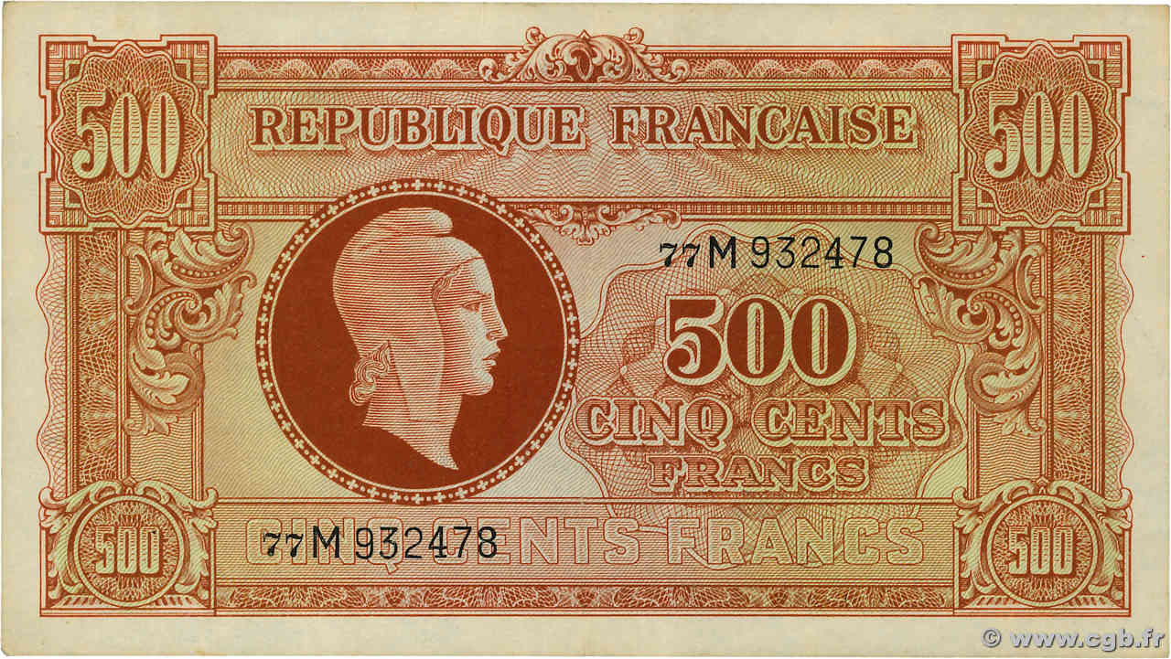 500 Francs MARIANNE fabrication anglaise FRANCE  1945 VF.11.02 VF+