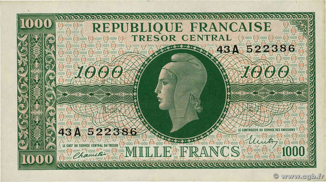 1000 Francs MARIANNE BANQUE D ANGLETERRE FRANCIA  1945 VF.12.01 SPL