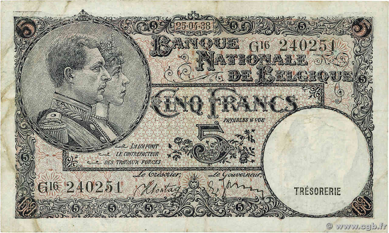 5 Francs BELGIQUE  1938 P.108a TB+