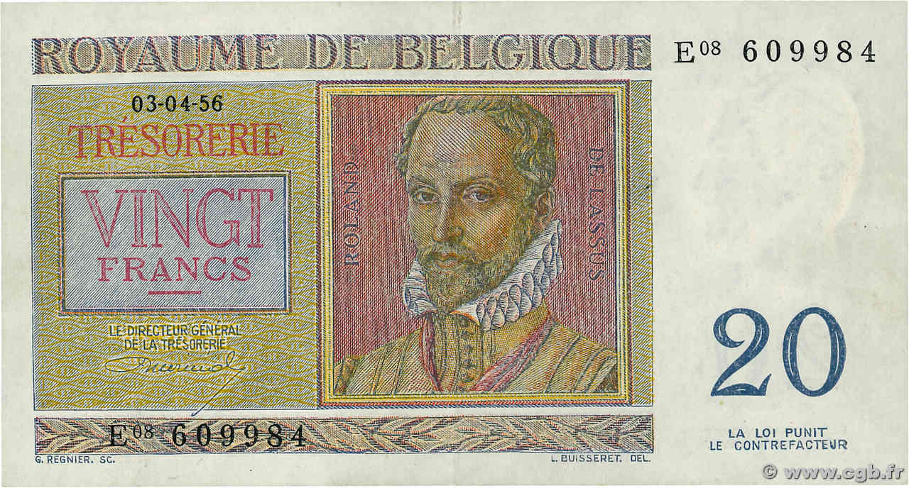 20 Francs BELGIQUE  1956 P.132b SUP