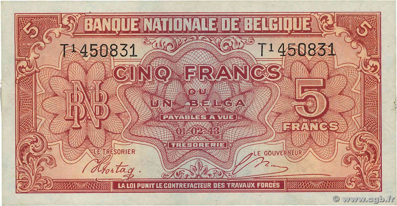 5 Francs - 1 Belga BELGIQUE  1943 P.121 SUP