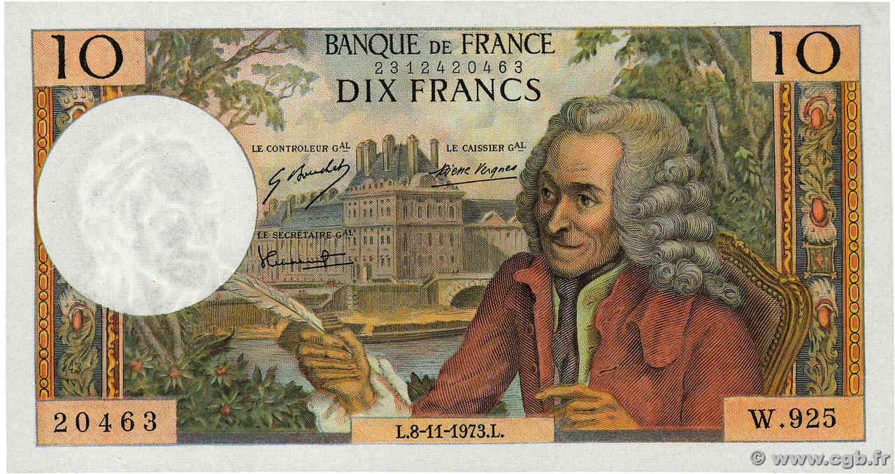 10 Francs VOLTAIRE FRANCE  1973 F.62.64 SUP