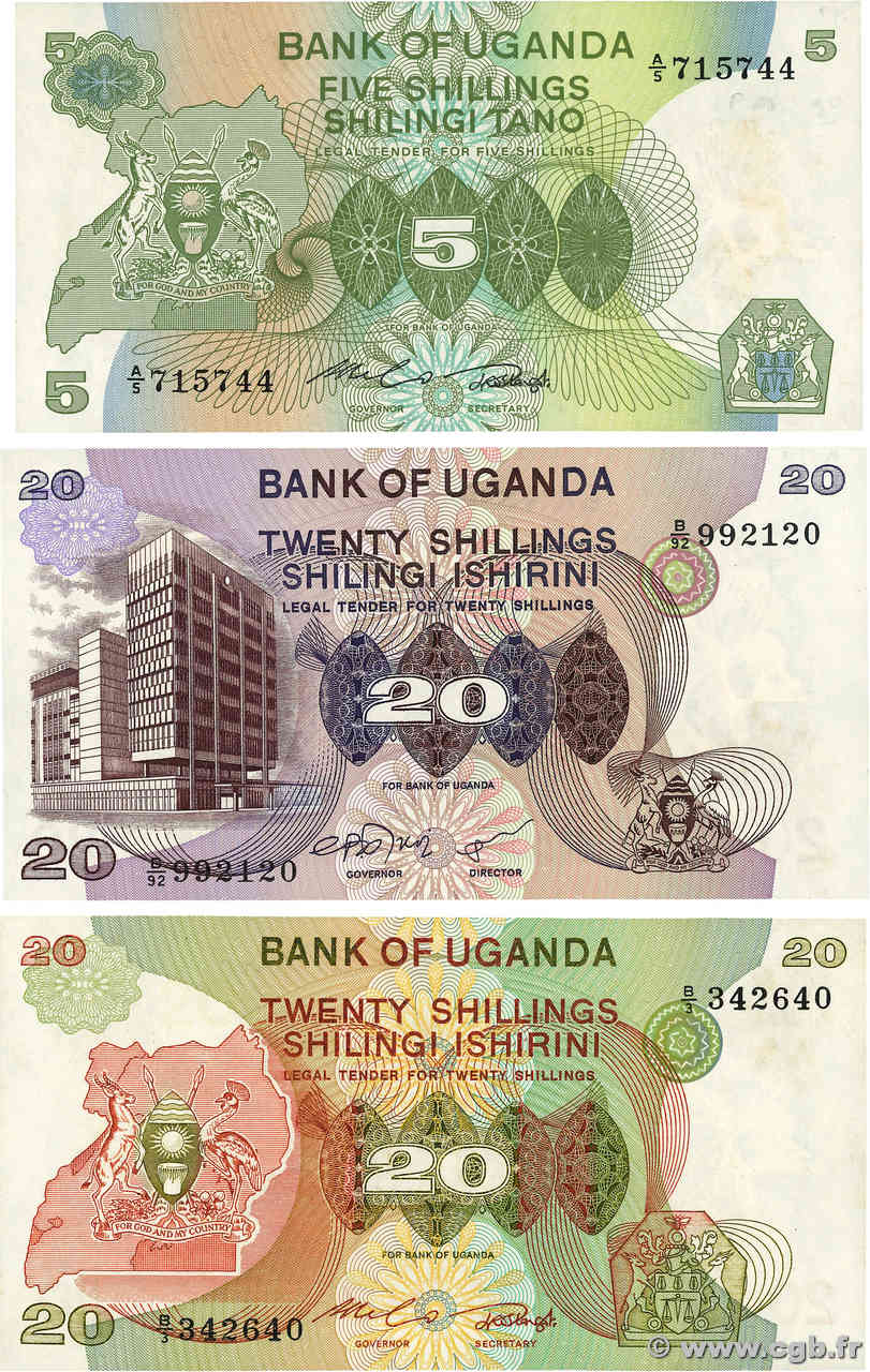 20 Shillings Lot OUGANDA  1979 P.12b, P.17 et pr.SPL