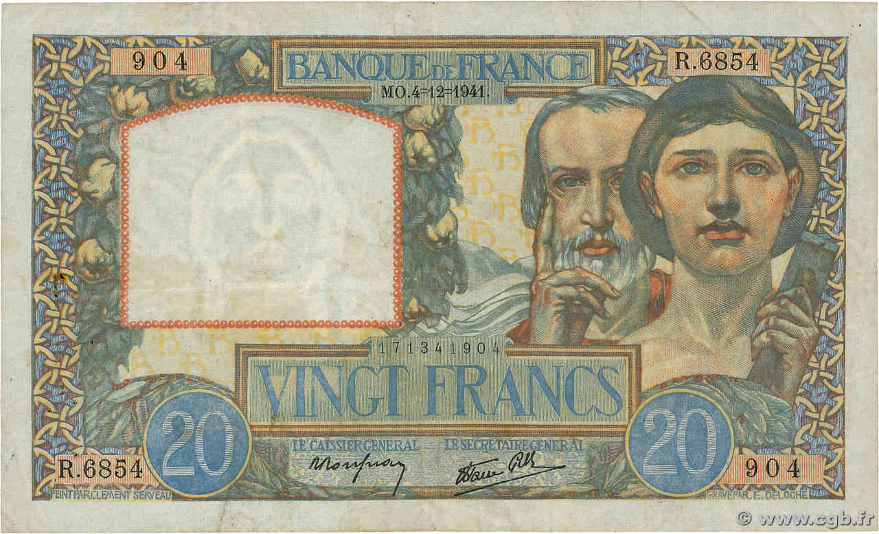 20 Francs TRAVAIL ET SCIENCE FRANCE  1941 F.12.20 TB