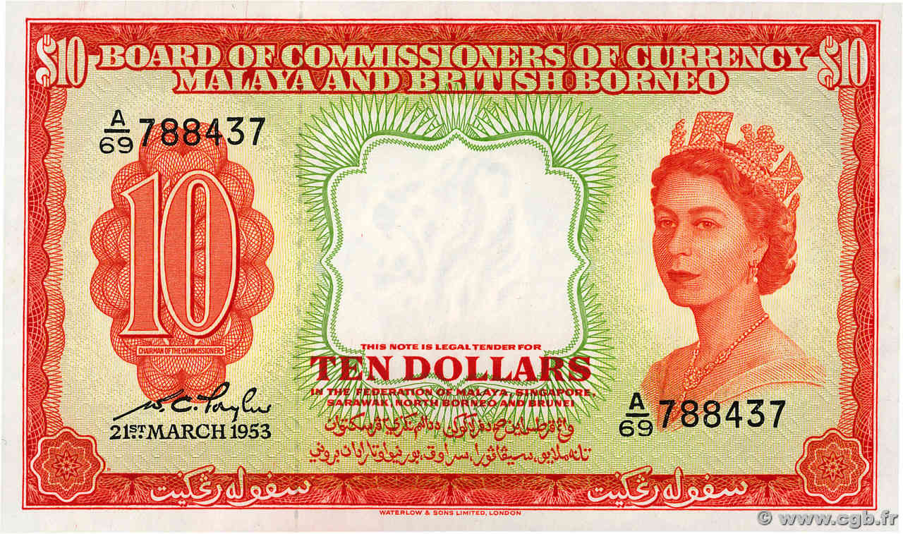 10 Dollars MALAYA y BRITISH BORNEO  1953 P.03a FDC