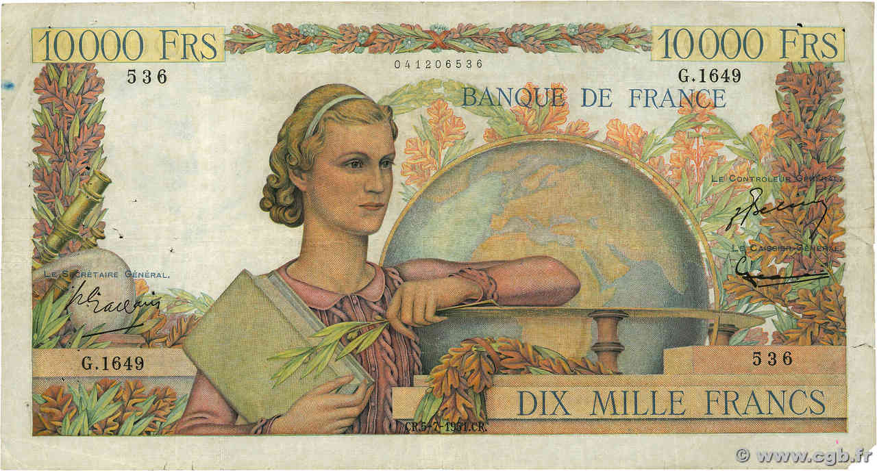 10000 Francs GÉNIE FRANÇAIS FRANCIA  1951 F.50.52 RC+