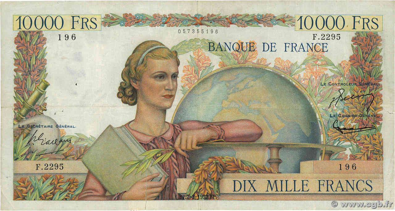 10000 Francs GÉNIE FRANÇAIS FRANKREICH  1952 F.50.56 S