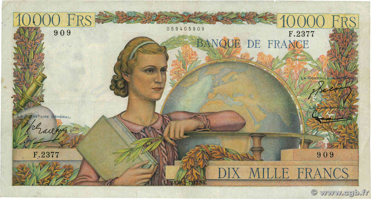 10000 Francs GÉNIE FRANÇAIS FRANKREICH  1952 F.50.57 fSS