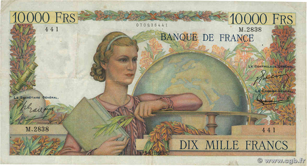 10000 Francs GÉNIE FRANÇAIS FRANCIA  1952 F.50.59 q.BB