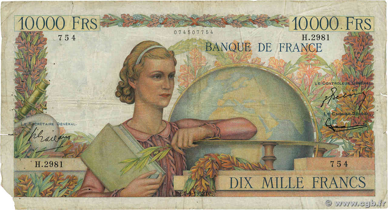 10000 Francs GÉNIE FRANÇAIS FRANKREICH  1952 F.50.60 GE