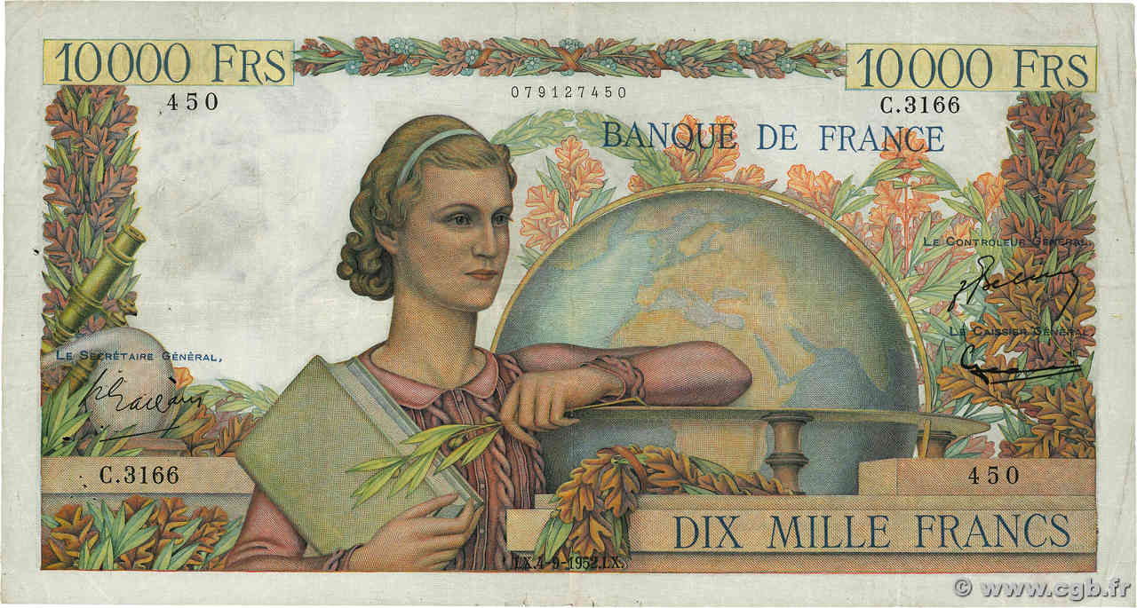 10000 Francs GÉNIE FRANÇAIS FRANKREICH  1952 F.50.60 fSS