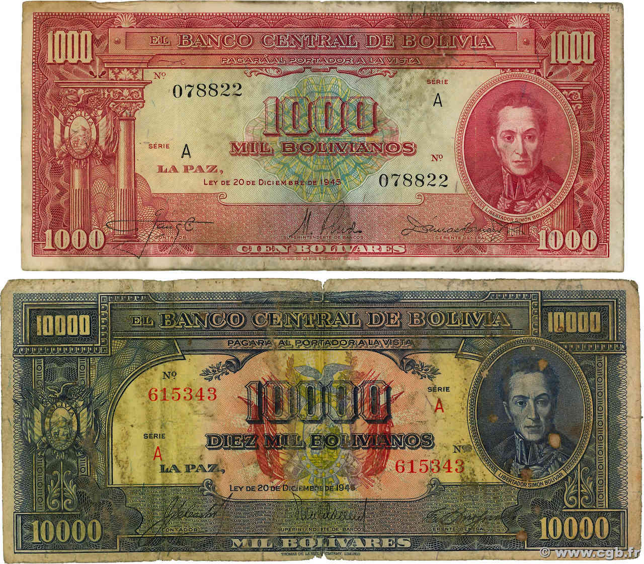 1000 et 10000 Bolivianos Lot BOLIVIA  1945 P.144 et P.146 q.MB