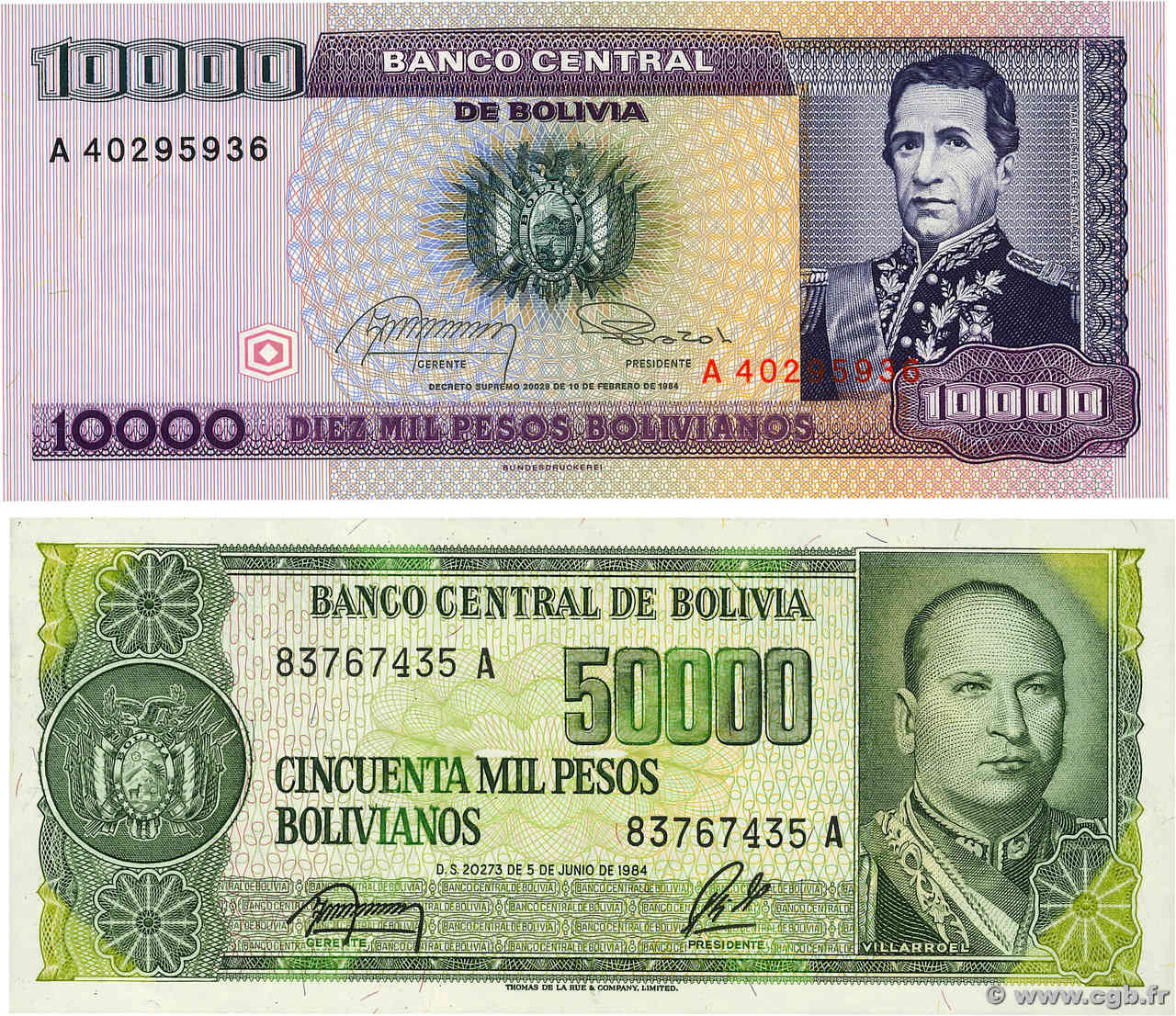 10000 et 50000 Pesos Bolivianos Lot BOLIVIE  1984 P.169 et P.170a  pr.NEUF