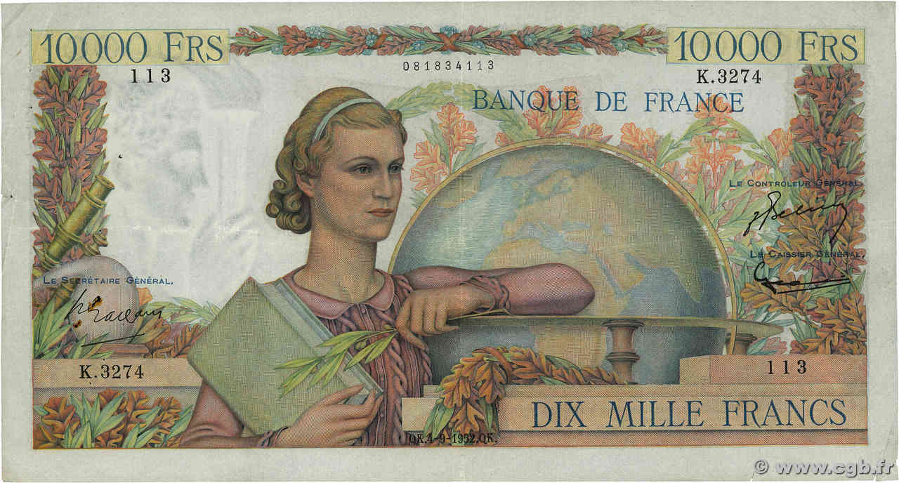 10000 Francs GÉNIE FRANÇAIS FRANKREICH  1952 F.50.60 S