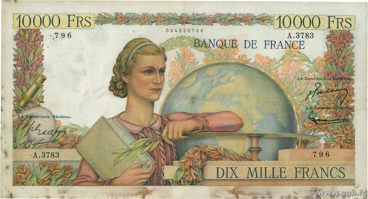 10000 Francs GÉNIE FRANÇAIS FRANKREICH  1952 F.50.62 fSS