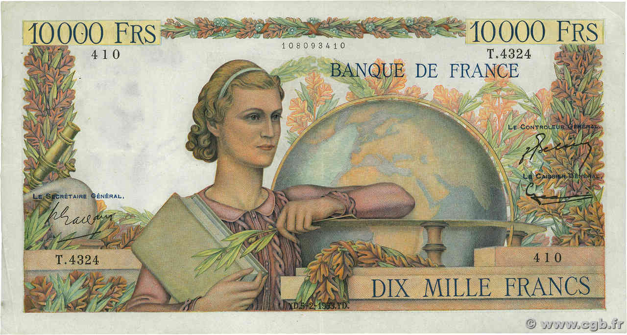 10000 Francs GÉNIE FRANÇAIS FRANCIA  1953 F.50.63 q.SPL