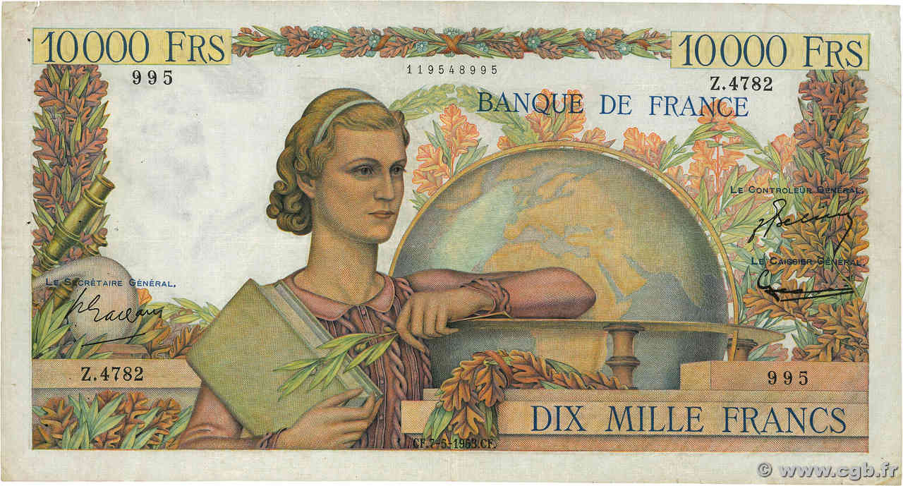 10000 Francs GÉNIE FRANÇAIS FRANCIA  1953 F.50.65 q.BB