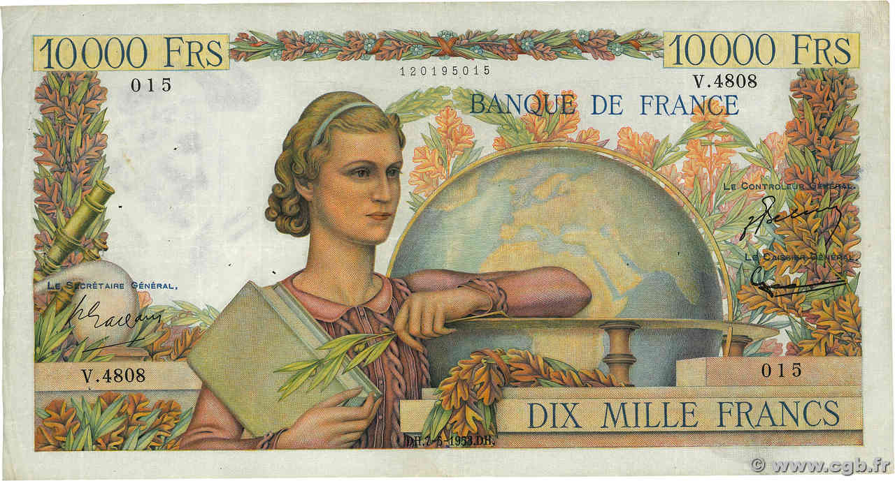 10000 Francs GÉNIE FRANÇAIS FRANKREICH  1953 F.50.65 SS