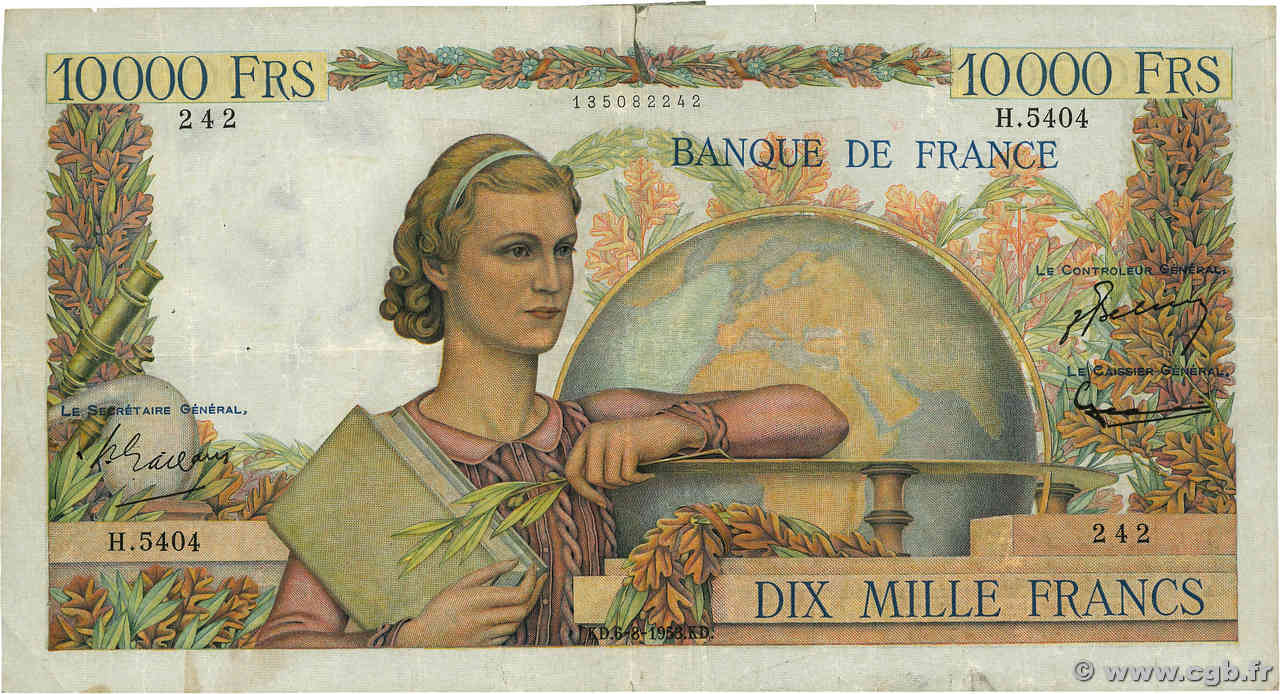 10000 Francs GÉNIE FRANÇAIS FRANCIA  1953 F.50.67 MB