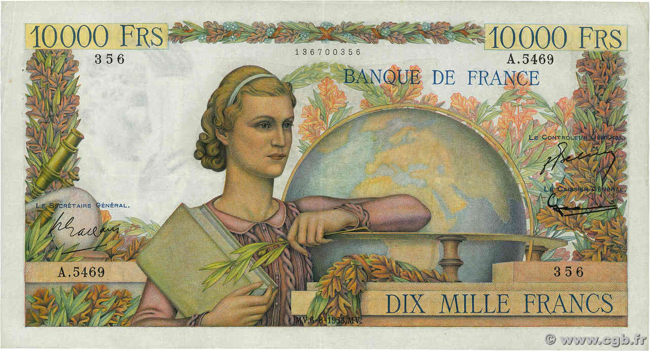 10000 Francs GÉNIE FRANÇAIS FRANCE  1953 F.50.67 VF+