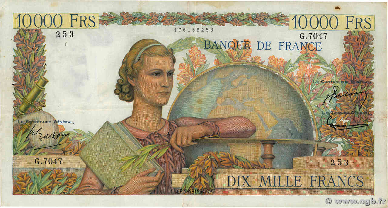 10000 Francs GÉNIE FRANÇAIS FRANCIA  1954 F.50.71 q.BB