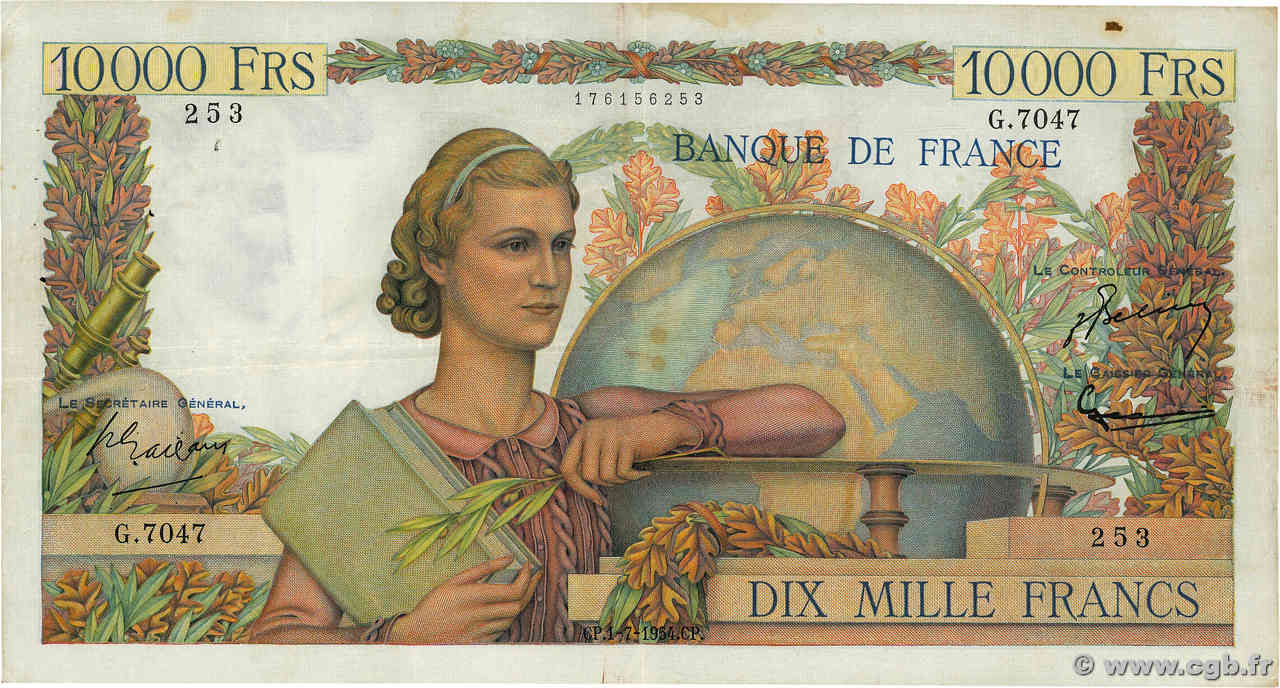 10000 Francs GÉNIE FRANÇAIS FRANCIA  1954 F.50.71 BC+