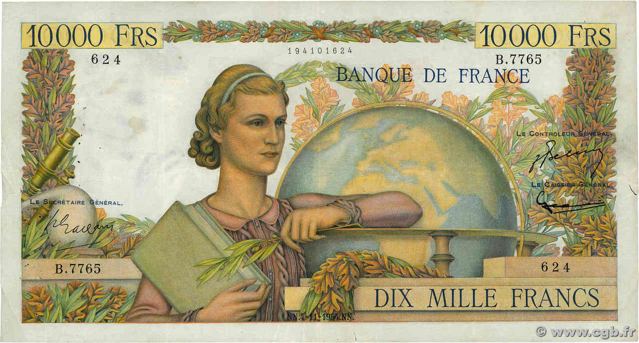 10000 Francs GÉNIE FRANÇAIS FRANCE  1954 F.50.72 F+