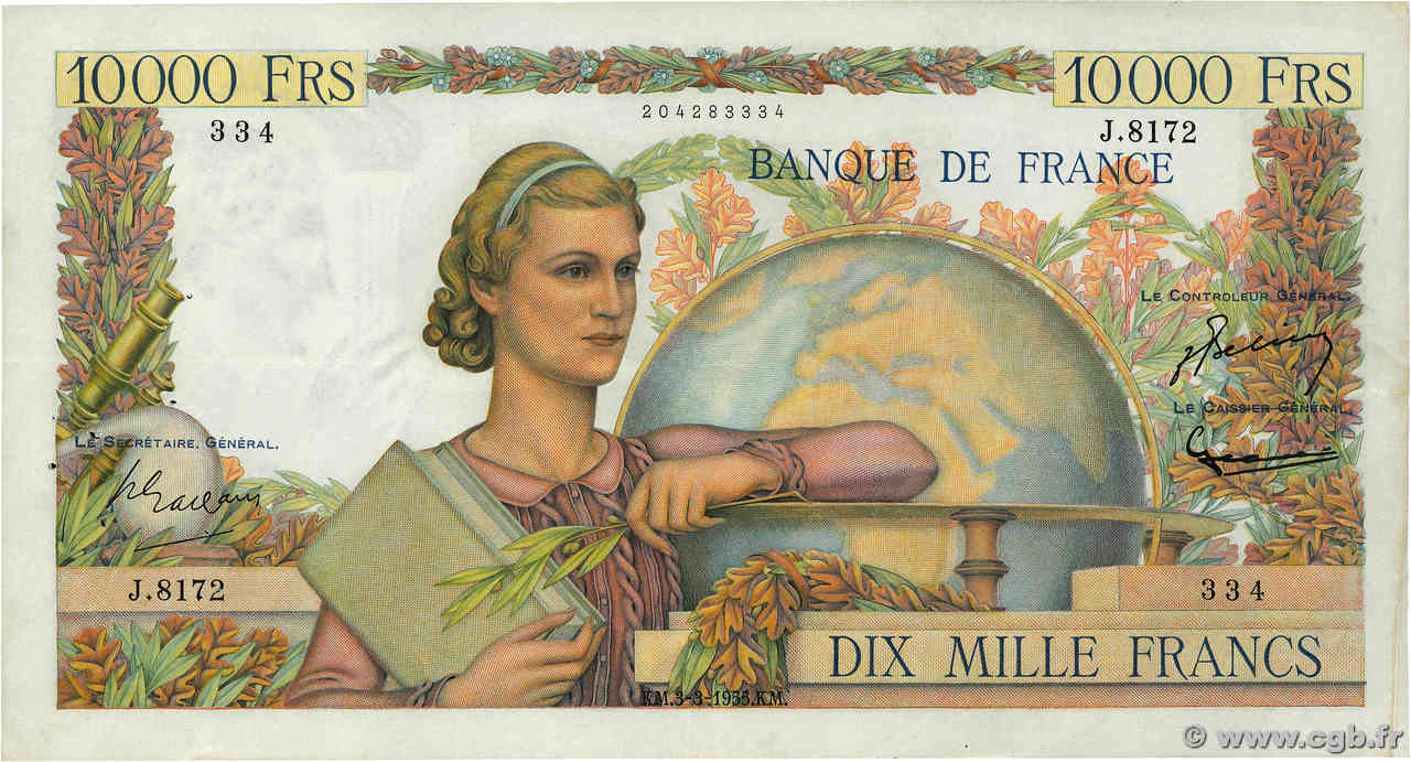 10000 Francs GÉNIE FRANÇAIS FRANCE  1955 F.50.73 VF+