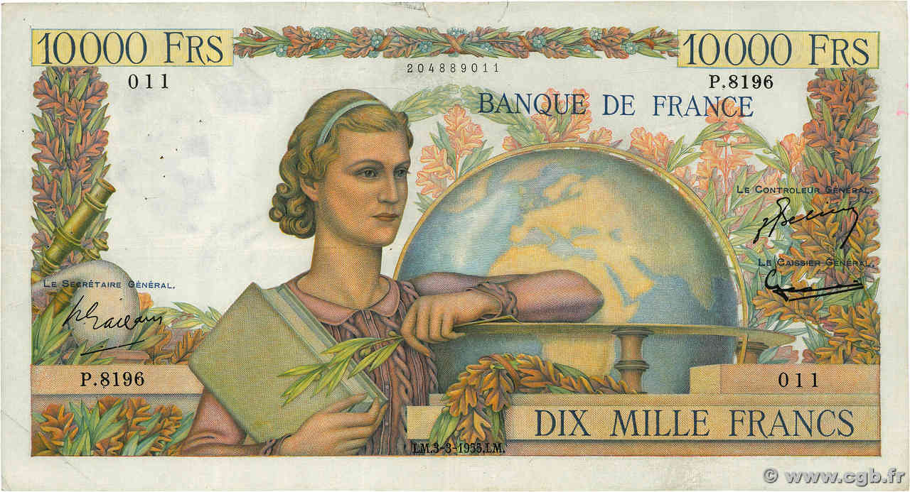 10000 Francs GÉNIE FRANÇAIS FRANKREICH  1955 F.50.73 fSS