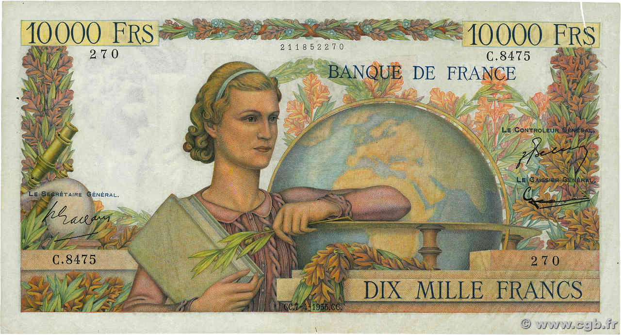 10000 Francs GÉNIE FRANÇAIS FRANCIA  1955 F.50.74 MBC