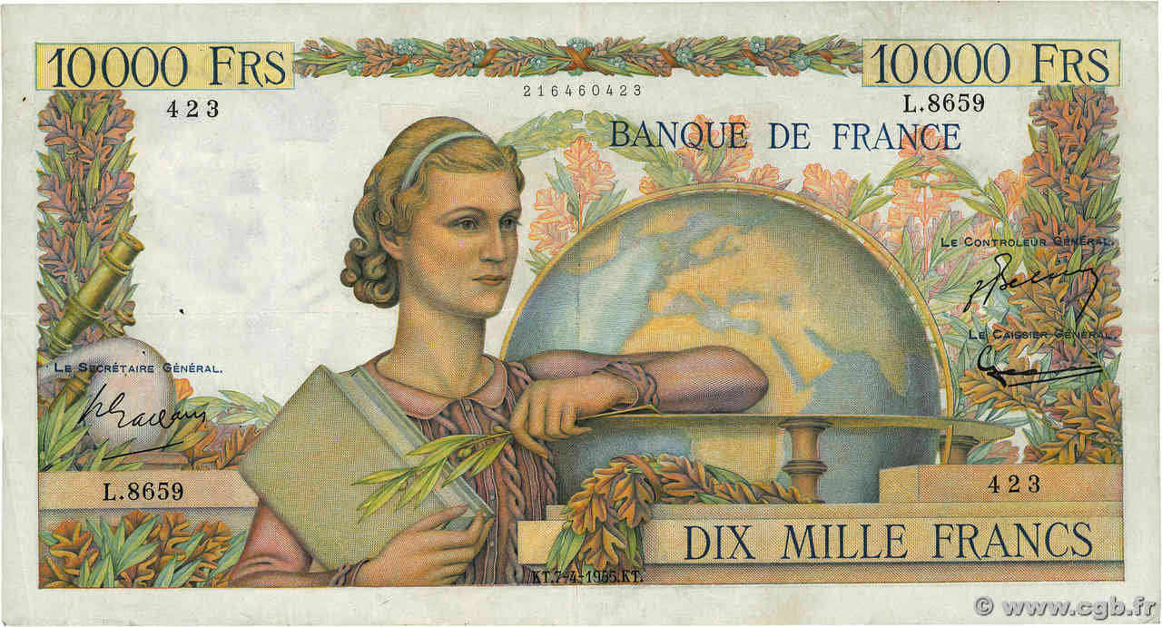 10000 Francs GÉNIE FRANÇAIS FRANCE  1955 F.50.74 VF