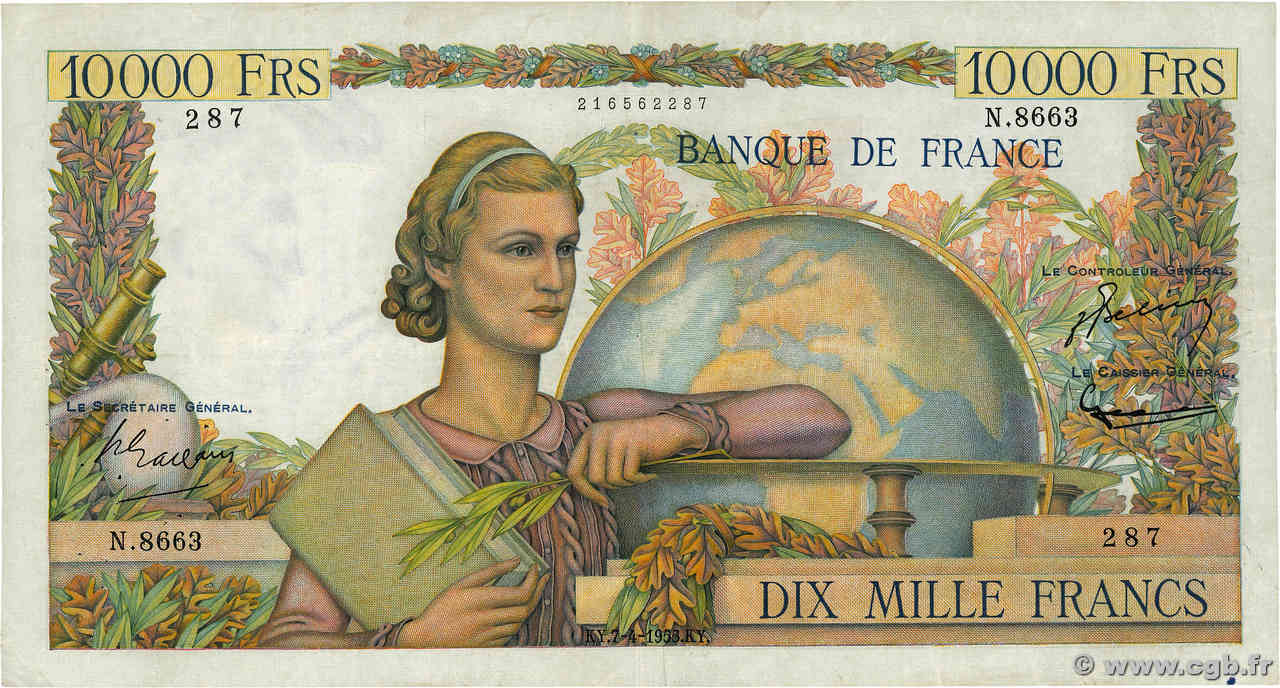 10000 Francs GÉNIE FRANÇAIS FRANCIA  1955 F.50.74 MBC