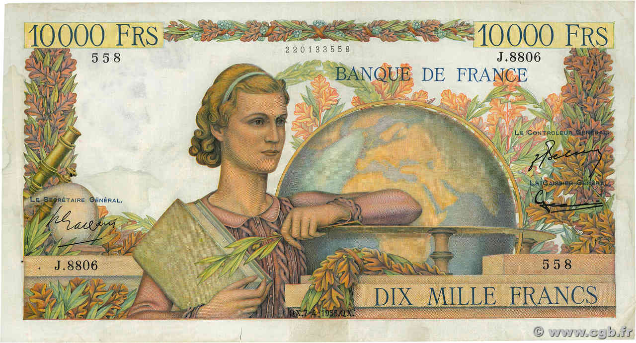 10000 Francs GÉNIE FRANÇAIS FRANCIA  1955 F.50.74 MBC