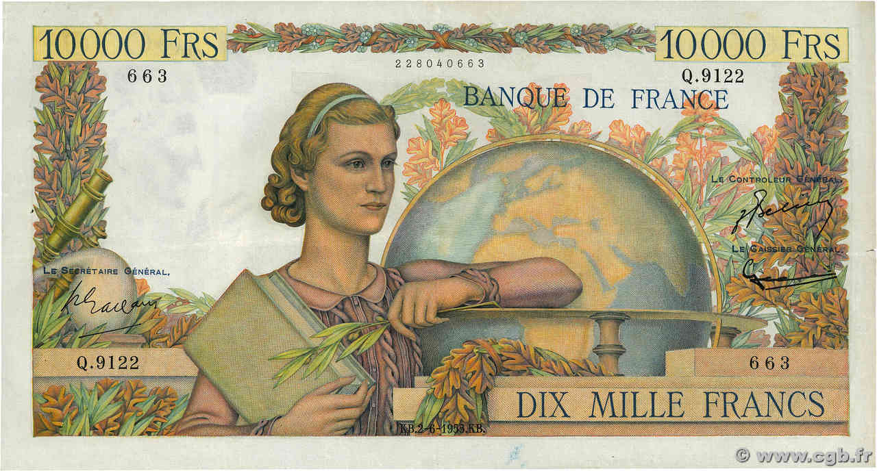 10000 Francs GÉNIE FRANÇAIS FRANCE  1955 F.50.75 VF+