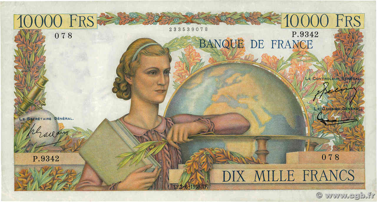 10000 Francs GÉNIE FRANÇAIS FRANCE  1955 F.50.75 VF+