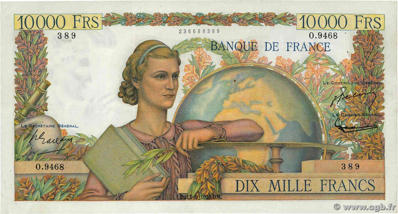 10000 Francs GÉNIE FRANÇAIS FRANCIA  1955 F.50.76 q.SPL