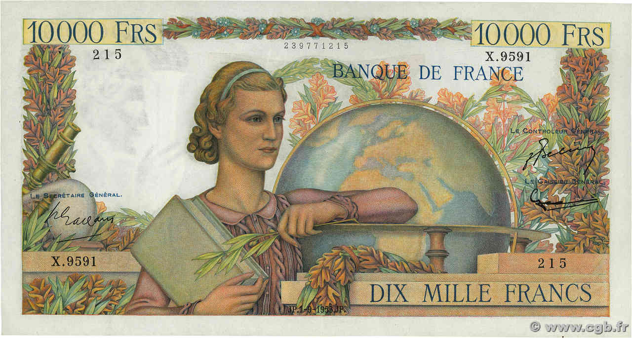 10000 Francs GÉNIE FRANÇAIS FRANCIA  1955 F.50.76 EBC