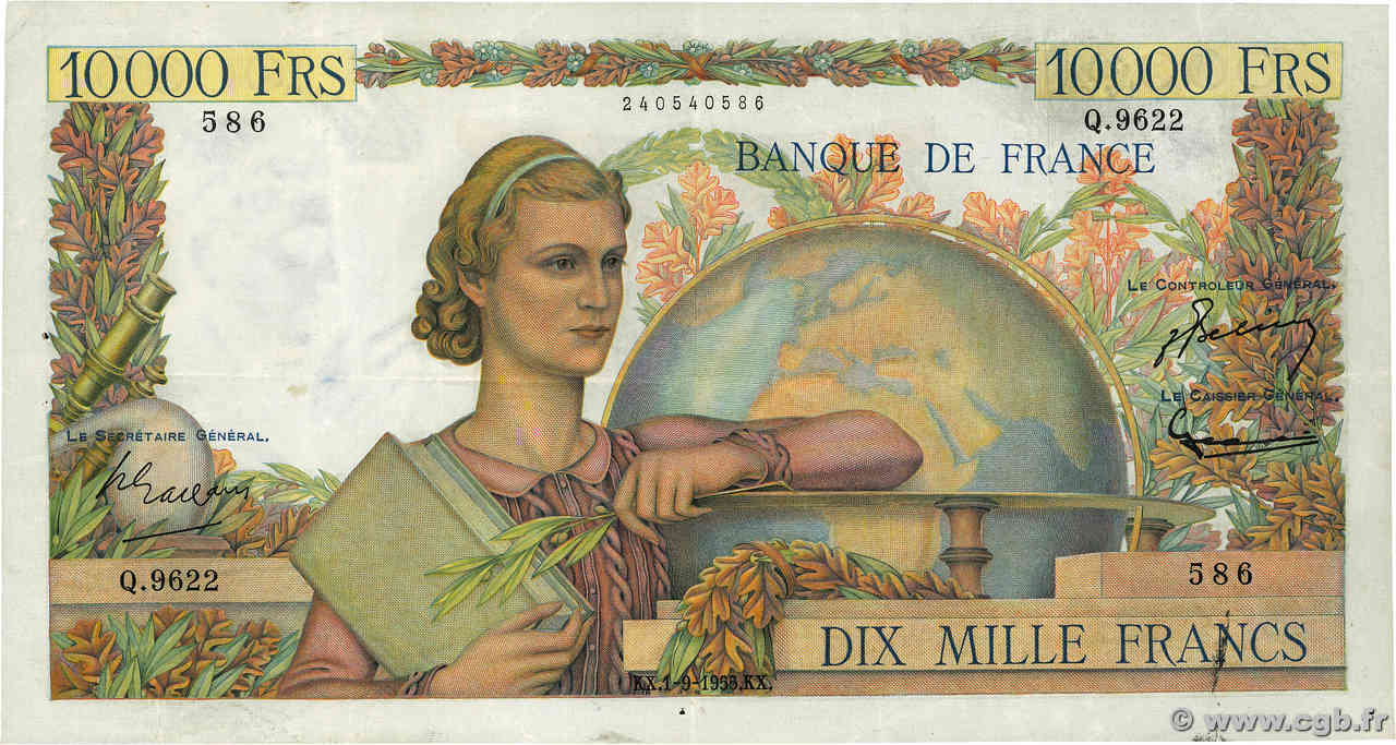 10000 Francs GÉNIE FRANÇAIS FRANCE  1955 F.50.76 VF